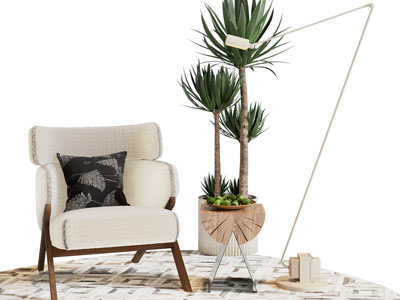 现代休闲椅子 边几 盆栽植物