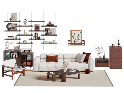 现代中古风双人沙发 边柜 休闲椅子和茶几组合