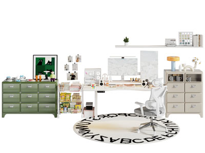 现代中古风 玄关柜 书桌椅组合3d模型 现代中古风 玄关柜 书桌椅组合