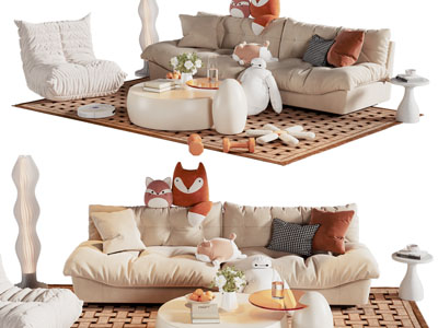 现代奶油风多人沙发 茶几组合