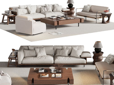 现代中古风双人沙发 单人沙发和茶几组合