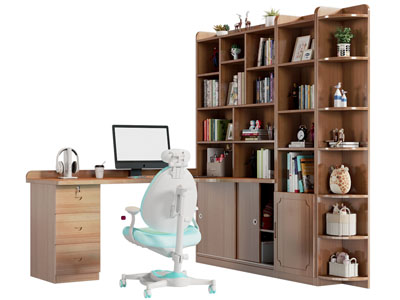 新中式实木书柜 书桌椅组合3d模型 新中式实木书柜 书桌椅组合