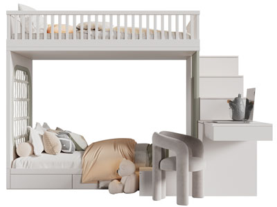 现代实木上下床 上下铺 书桌