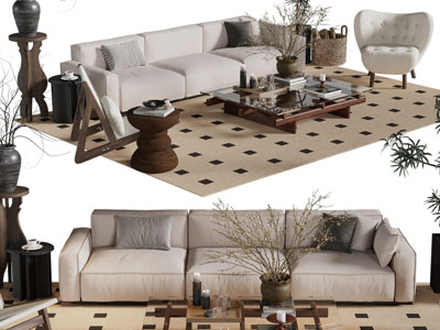现代奶油风多人沙发 茶几组合
