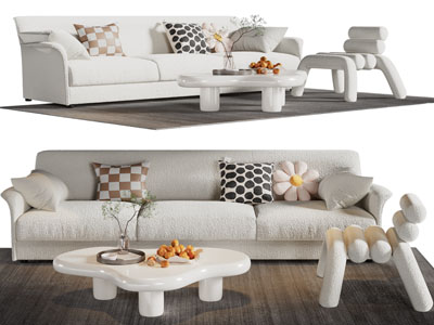 现代奶油风多人沙发 休闲椅子和茶几组合