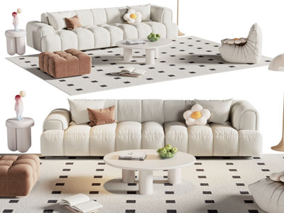 现代奶油风多人沙发 懒人沙发和茶几组合
