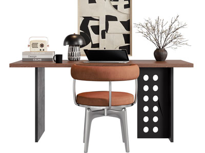 现代中古风书桌椅组合3d模型 现代中古风书桌椅组合