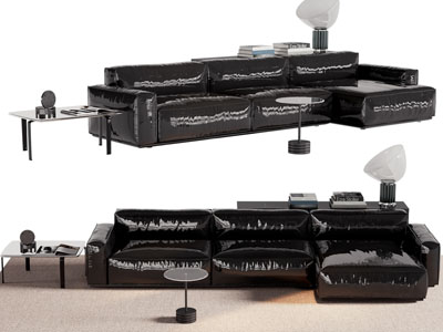 现代皮质转角多人沙发 边几