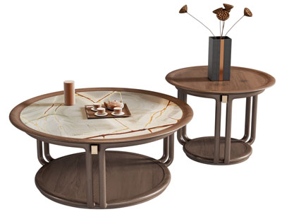 新中式圆形实木茶几3d模型 新中式圆形实木茶几