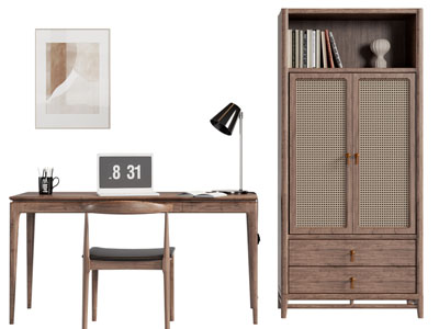 北欧书桌椅组合 书柜3d模型 北欧书桌椅组合 书柜