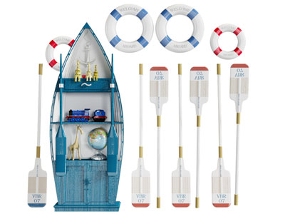 地中海蓝色木船装饰柜 船桨 游泳圈墙饰3d模型 地中海蓝色木船装饰柜 船桨 游泳圈墙饰