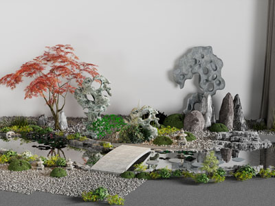 新中式假山 树木 水池景观园艺小品