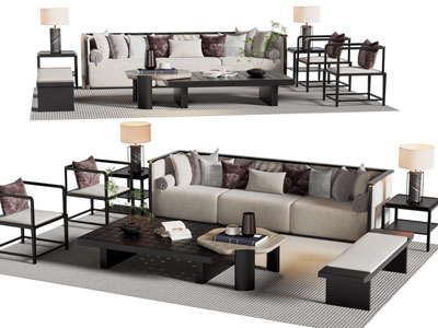 新中式多人沙发 休闲椅子和茶几组合