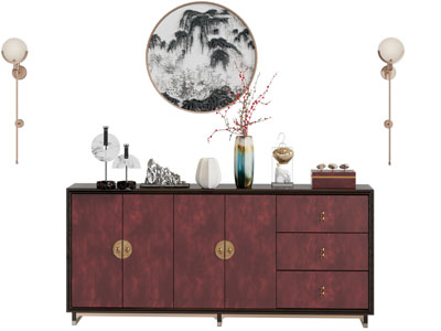 新中式中古风玄关柜 边柜 摆件组合