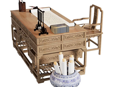 中式雕花实木书桌椅组合3d模型 中式雕花实木书桌椅组合