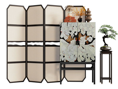 侘寂风屏风 装饰柜 松树盆景盆栽摆件