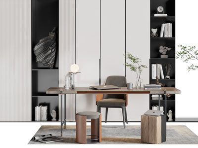 现代书桌椅组合 书柜3d模型 现代书桌椅组合 书柜