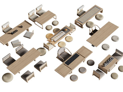 新中式实木茶几 蒲团 茶椅组合3d模型 新中式实木茶几 蒲团 茶椅组合