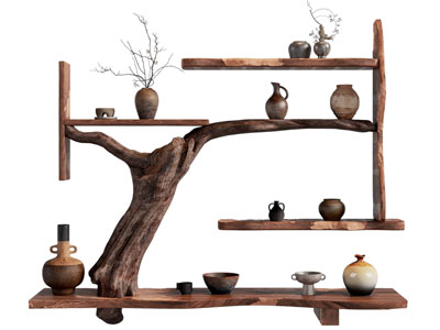侘寂风木质装饰架 陶艺器皿摆件组合