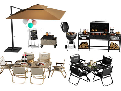 现代户外遮阳伞 可折叠餐桌椅组合 烧烤炉