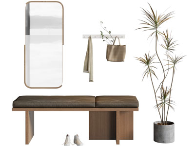 现代玄关换鞋凳 穿衣镜 衣钩