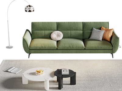 现代草绿色多人沙发 落地灯