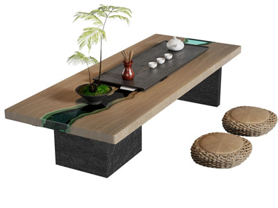 新中式长方形茶几 蒲团3d模型 新中式长方形茶几 蒲团