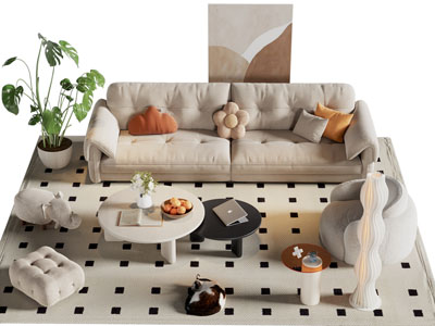 现代奶油风双人沙发 单人沙发和茶几组合