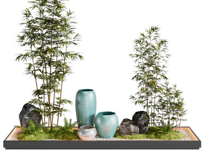 新中式花坛竹子 石头 陶瓷器皿景观园艺小品