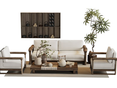 新中式实木双人 单人沙发和茶几组合