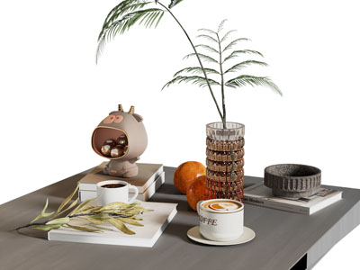 现代书本 花瓶花卉 咖啡杯摆件组合