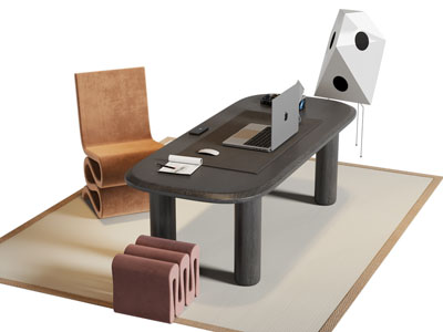 侘寂风椭圆形书桌椅组合3d模型 侘寂风椭圆形书桌椅组合