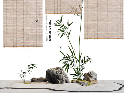 新中式竹帘 竹子 石头景观园艺小品