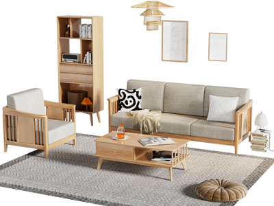 日式实木多人 单人沙发和茶几组合 书柜