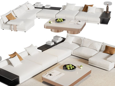 现代白色转角多人沙发 茶几组合
