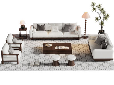 新中式多人 双人沙发 休闲椅子和茶几组合