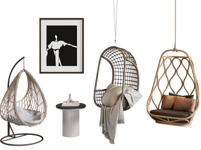 现代藤编吊椅 边几 装饰挂画
