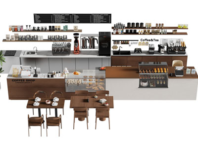 现代咖啡厅吧台 咖啡店操作台 桌椅组合 商业设备