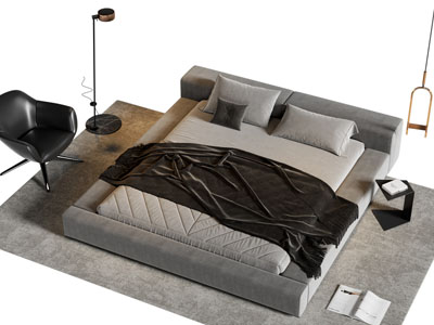 现代双人床 休闲椅子