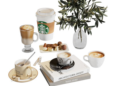 现代咖啡杯子 书本 花瓶摆件组合