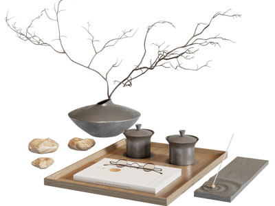 新中式花瓶 托盘茶杯 书本 摆件组合