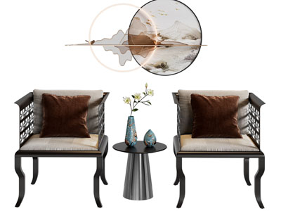 新中式休闲椅子 边几 墙饰