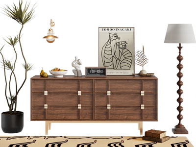 现代中古风玄关柜 边柜 落地灯