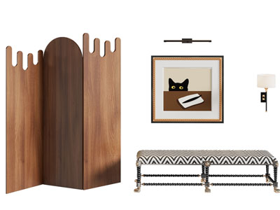 法式实木屏风 长凳子 装饰挂画3d模型 法式实木屏风 长凳子 装饰挂画