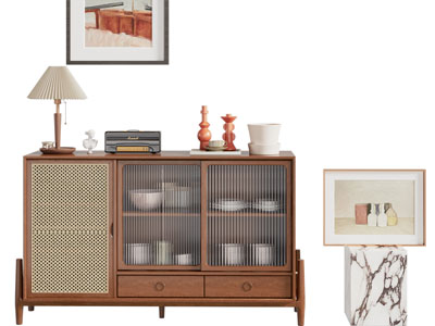 现代中古风餐边柜 摆件组合3d模型 现代中古风餐边柜 摆件组合