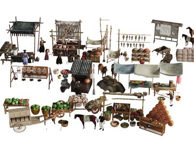 现代古代集市摊位 农产品售卖点