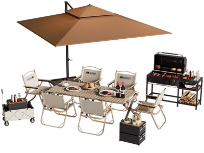 现代营地遮阳伞 可折叠餐桌椅组合 烧烤炉