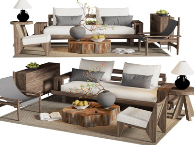 侘寂风中古风多人沙发 休闲椅子和茶几组合