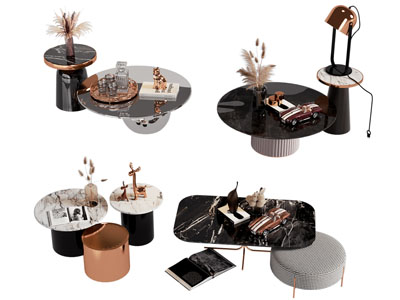 现代圆形茶几 边几 花瓶花卉3d模型 现代圆形茶几 边几 花瓶花卉