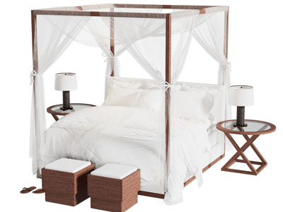 现代带着床帏的双人床 床头柜